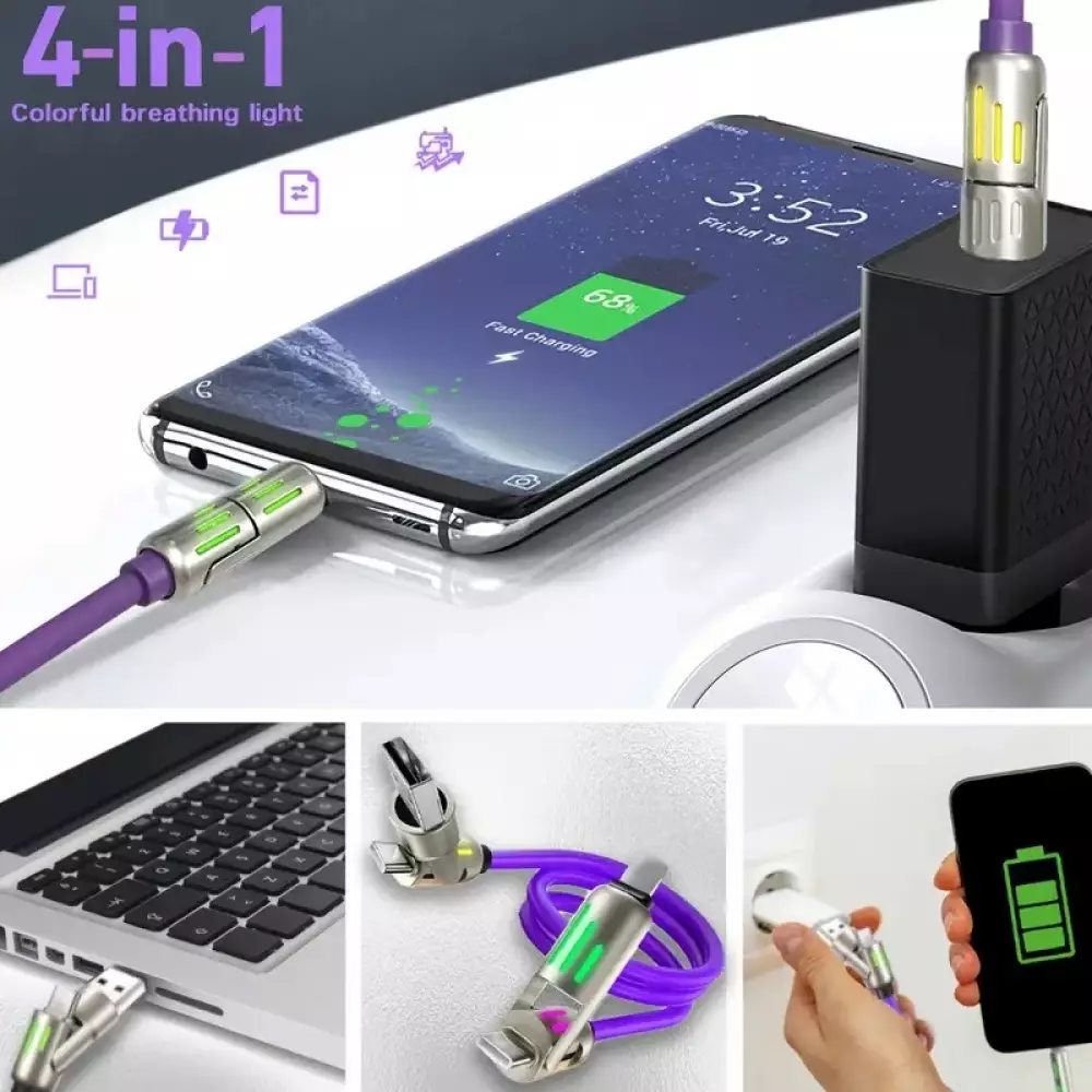 USB 4-in-1 Schnelllade-Kabel 30W | USB-C zu USB anti-verwickelndes Silikon RGB-LED Multi-Geräte-Kompatibilität und langlebig (2 m) - Grau